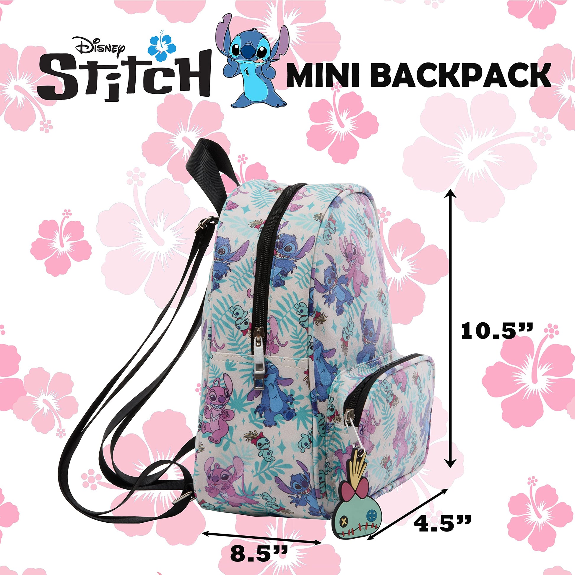Disney Stitch & Angel Mini Backpack with Allover Print & Molded Scrump Dangle